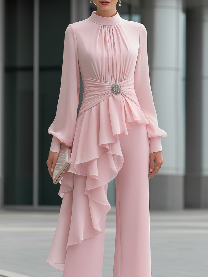 Elegant Draped Ruffle Top Wide-Leg Pants Set