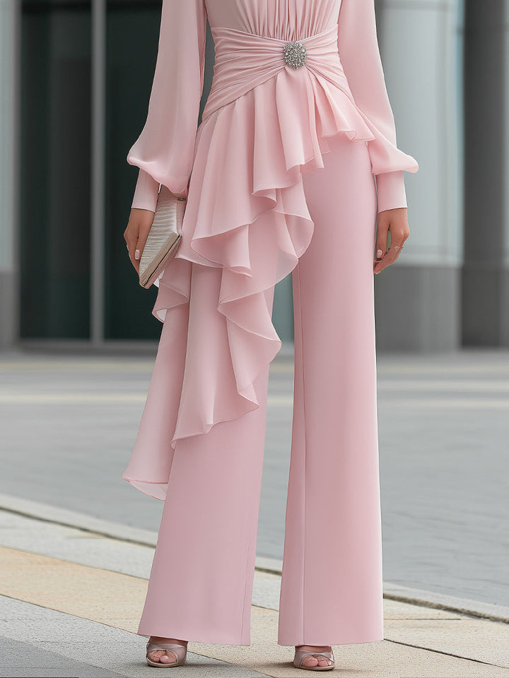 Elegant Draped Ruffle Top Wide-Leg Pants Set