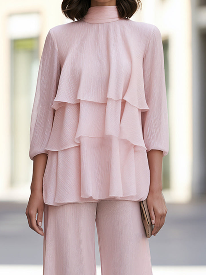 Tiered Ruffle High-Neck Wide-Leg Pants Set