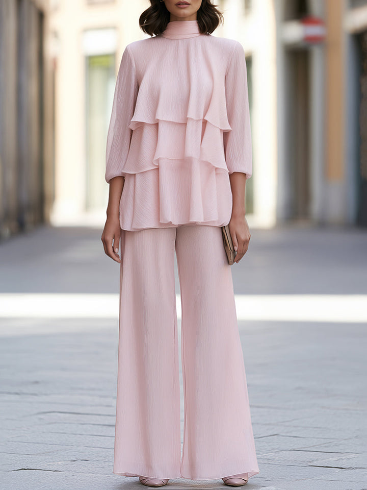Tiered Ruffle High-Neck Wide-Leg Pants Set