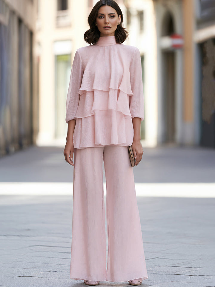 Tiered Ruffle High-Neck Wide-Leg Pants Set