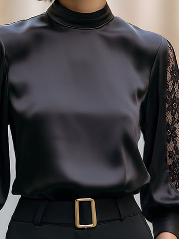 Lace Inset Satin Mock Neck Blouse