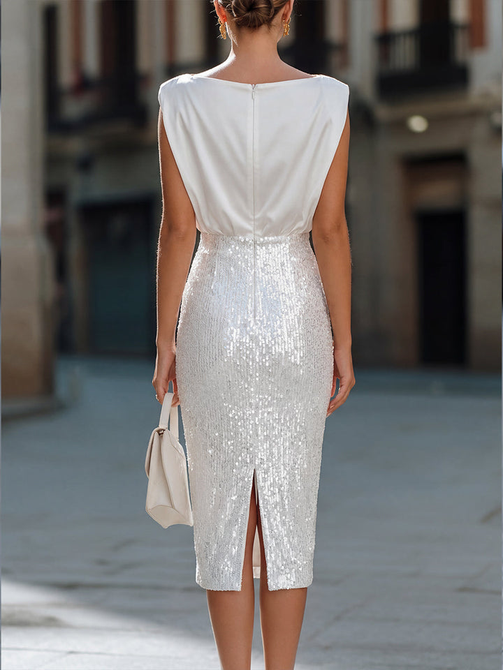Cowl Neck Satin Sleeveless Sequin Panel Pencil Midi Dress