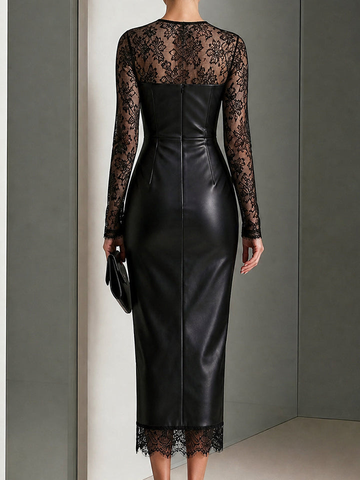 Lace-Panel Faux Leather Midi Dress
