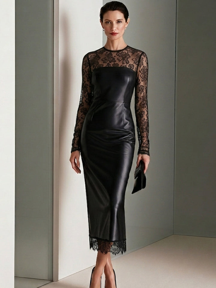 Lace-Panel Faux Leather Midi Dress