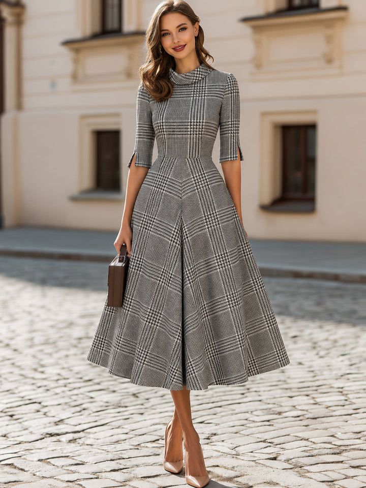 3/4 Split Sleeve Plaid Flared Midi  Dress