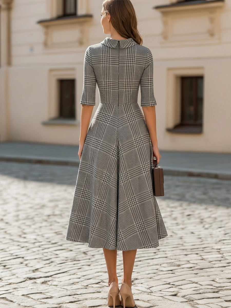 3/4 Split Sleeve Plaid Flared Midi  Dress