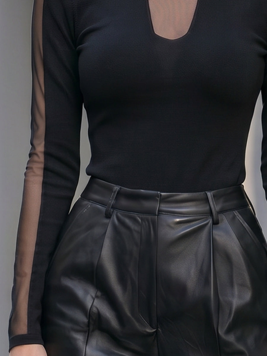 Sheer Mesh Panel Long-Sleeve Knit Top