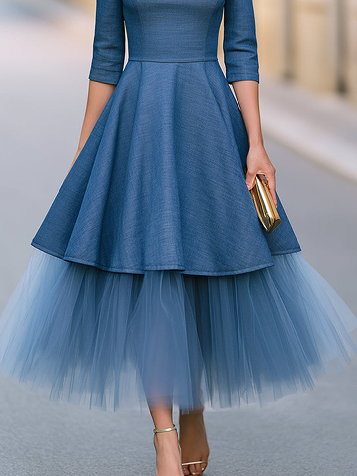 Tulle Hem Bateau Neck A-Line Midi Dress