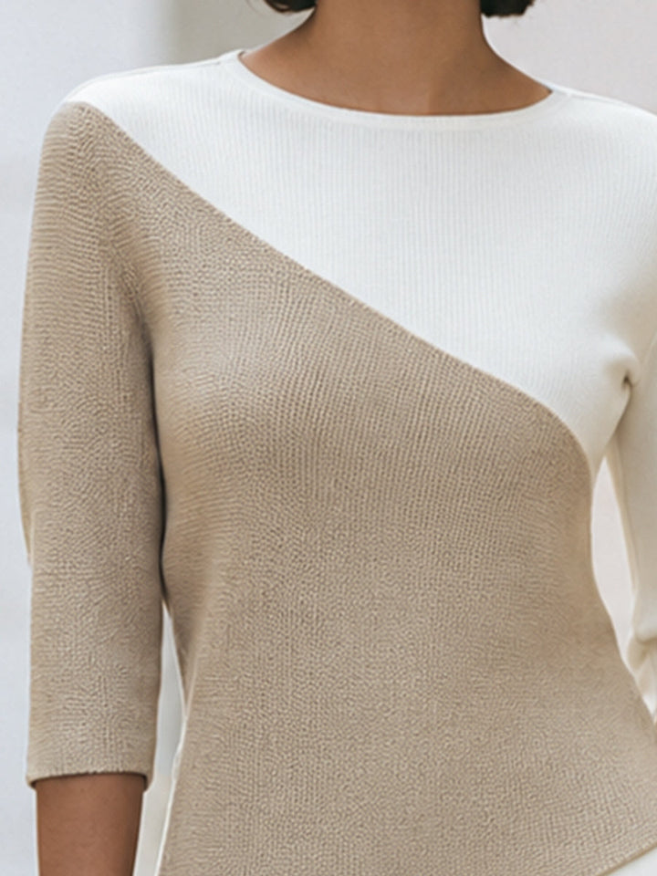 Asymmetric Color-Block 3/4 Sleeve Knit Top