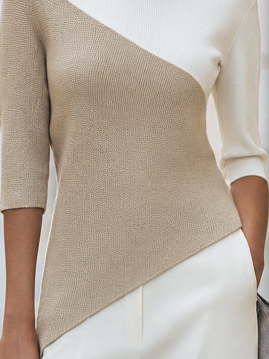 Asymmetric Color-Block 3/4 Sleeve Knit Top