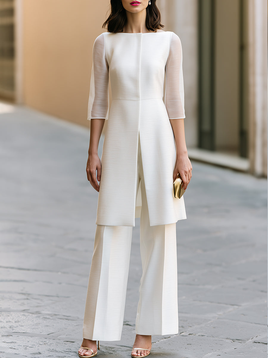 Sheer Sleeve Split-Front Tunic And Wide-Leg Pants Set