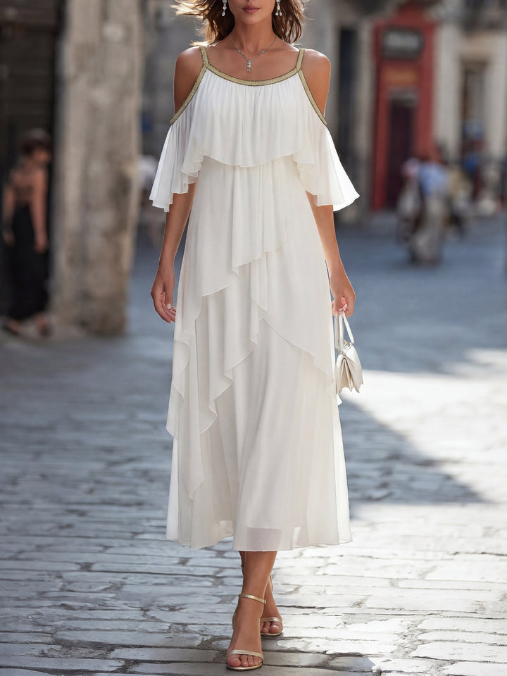 Cold-Shoulder Metallic Trim Tiered Chiffon Midi Dress