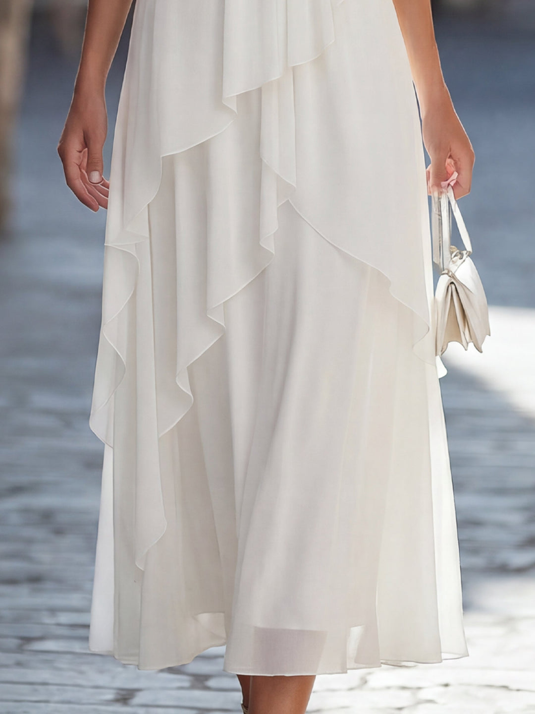 Cold-Shoulder Metallic Trim Tiered Chiffon Midi Dress