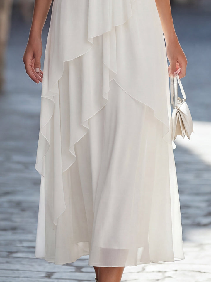 Cold-Shoulder Metallic Trim Tiered Chiffon Midi Dress