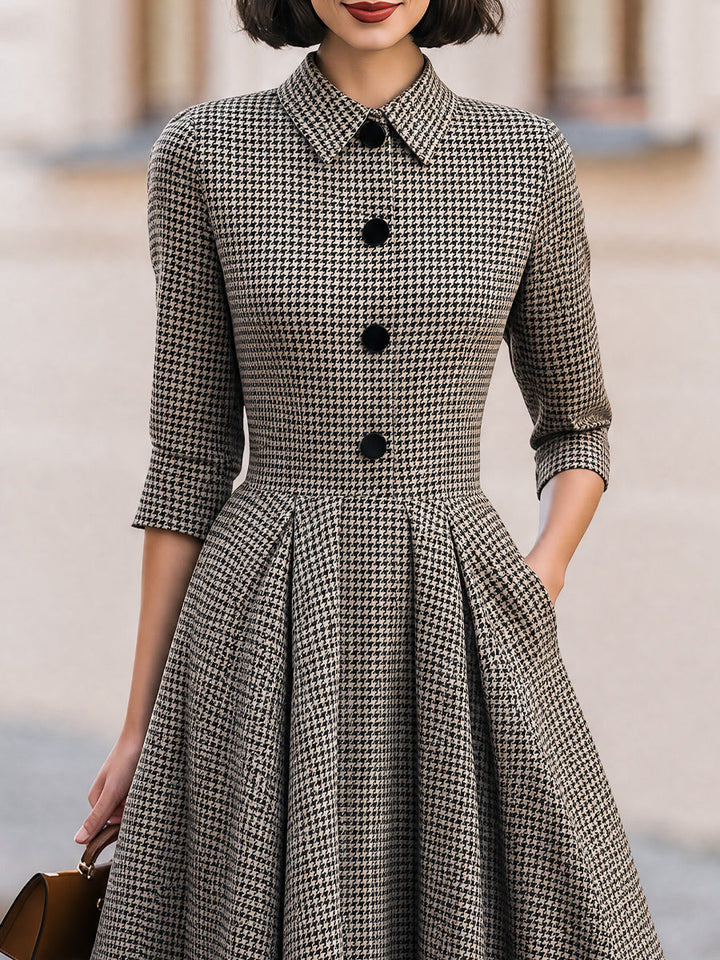 Houndstooth Collared 3/4 Sleeve Button Front A-Line Midi Dress