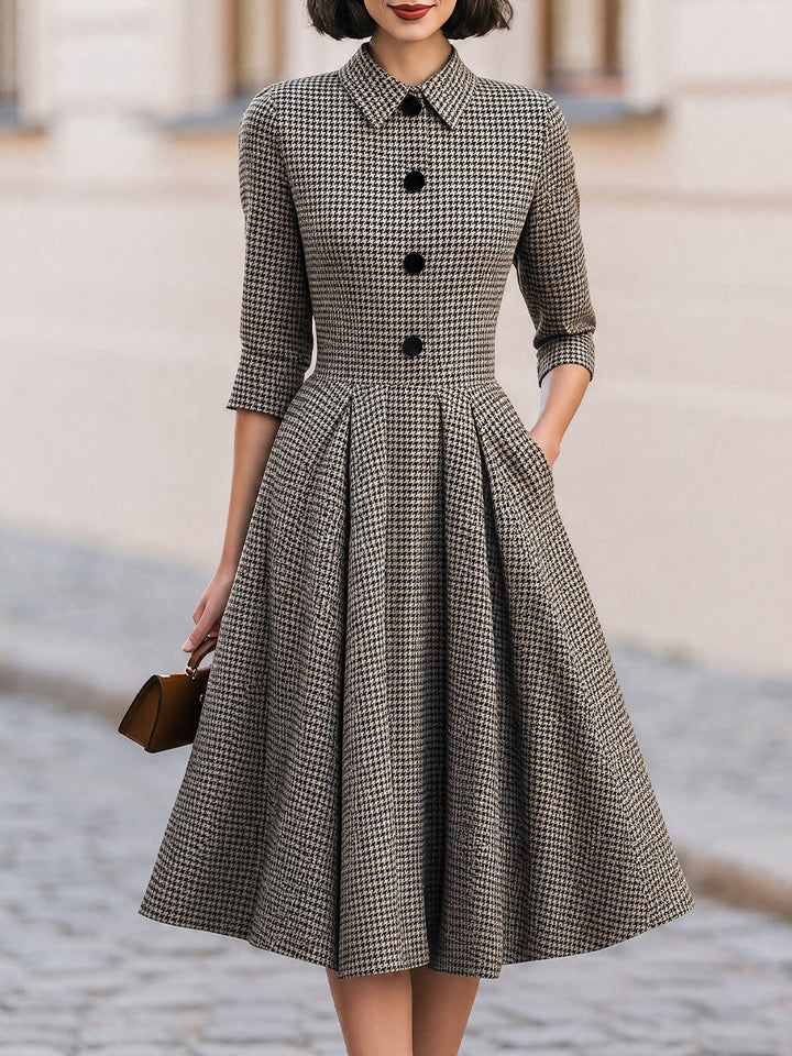 Houndstooth Collared 3/4 Sleeve Button Front A-Line Midi Dress