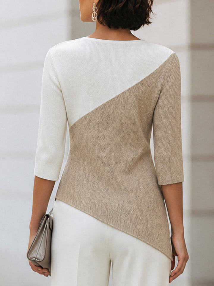 Asymmetric Color-Block 3/4 Sleeve Knit Top