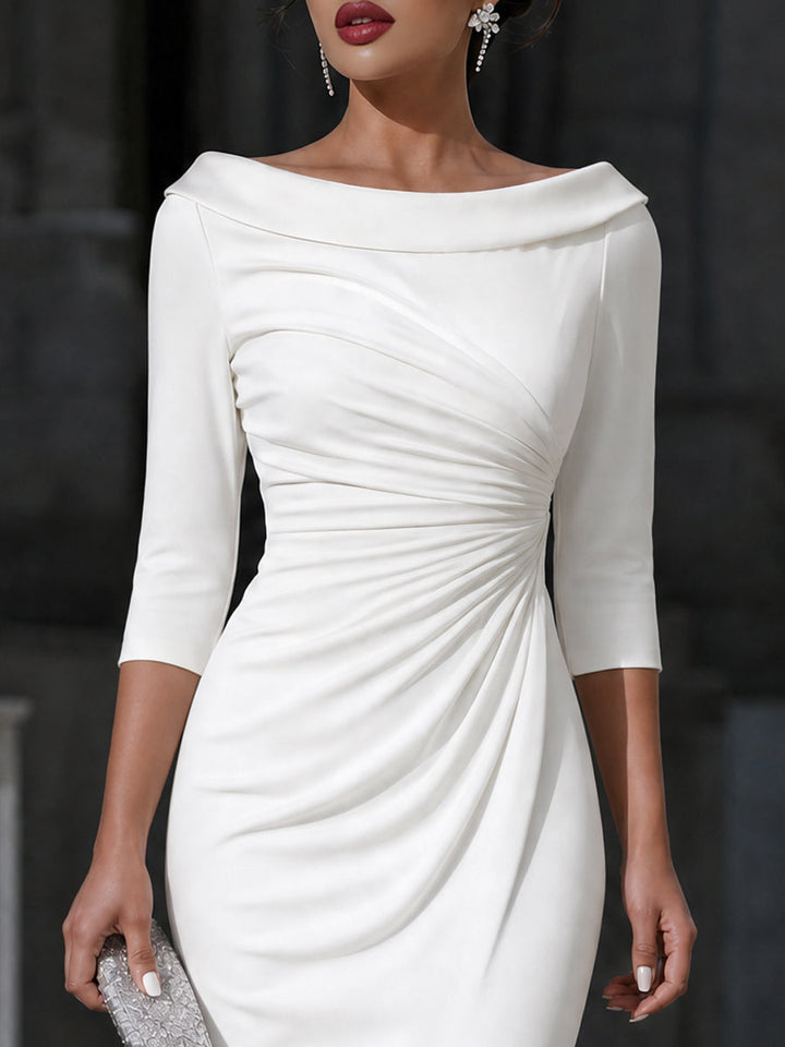 Elegant Boat Neck Ruched Bodycon Midi Dress
