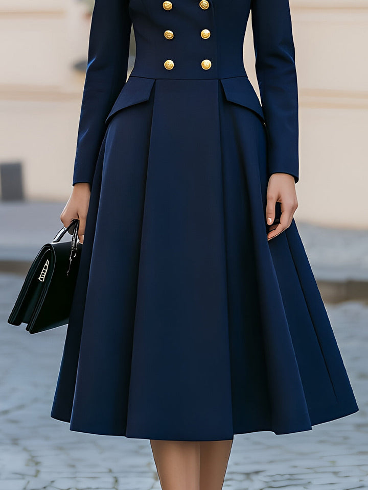 Notched Lapel Double Breasted Gold Button Peplum Flared Midi Dress
