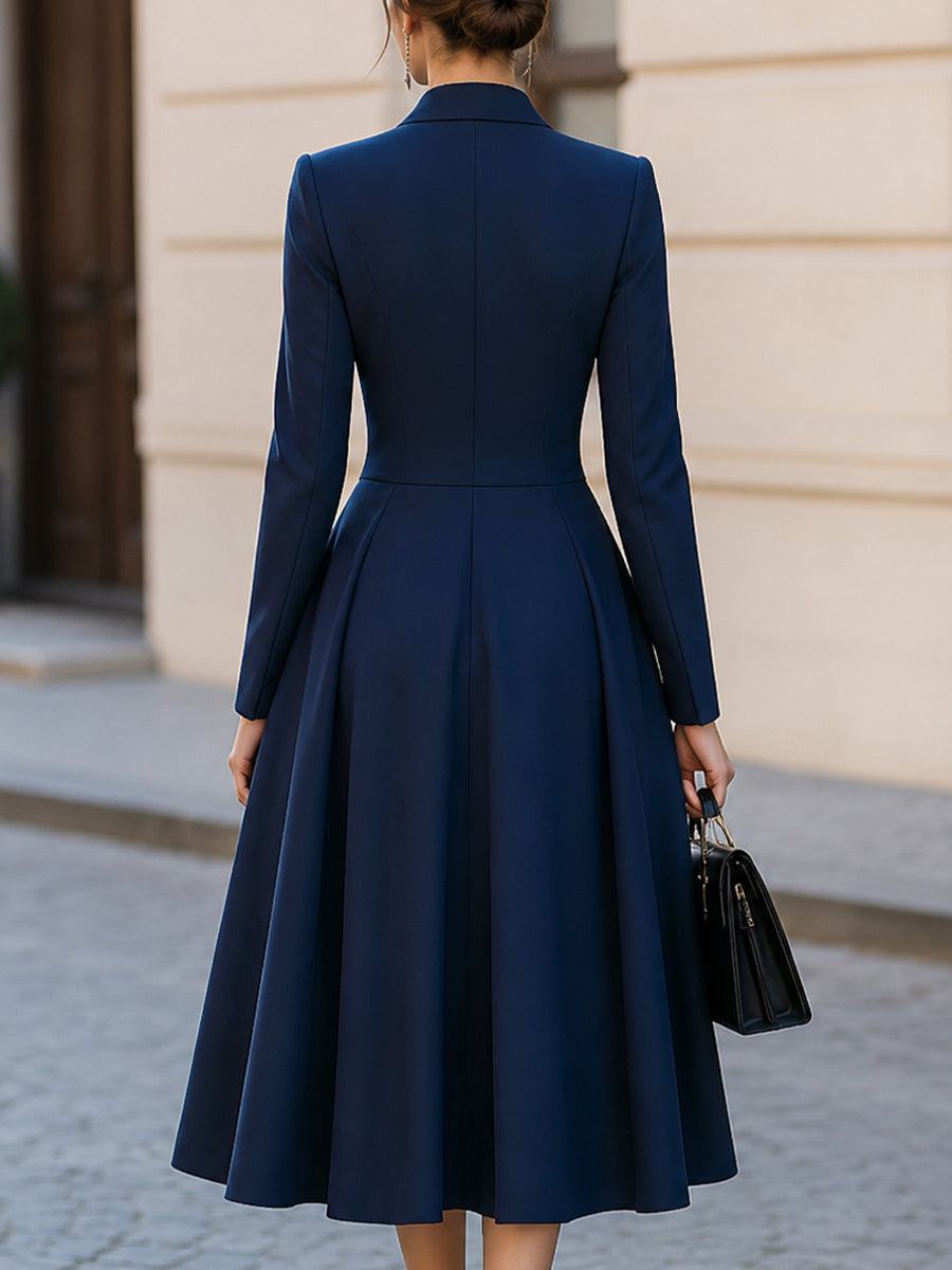 Notched Lapel Double Breasted Gold Button Peplum Flared Midi Dress