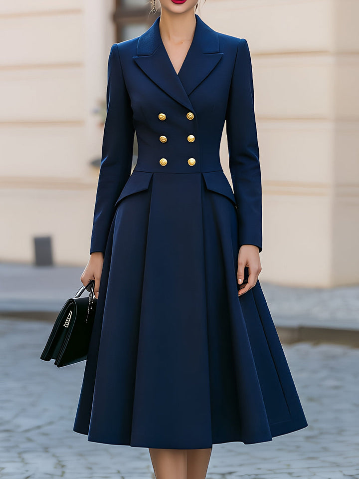 Notched Lapel Double Breasted Gold Button Peplum Flared Midi Dress