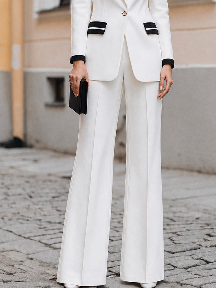 Black Contrast Trim Blazer & Wide Leg Trousers Two-Piece Formal Suit Set