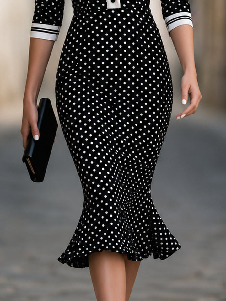 Polka Dot Contrast Collar Mermaid Midi Dress