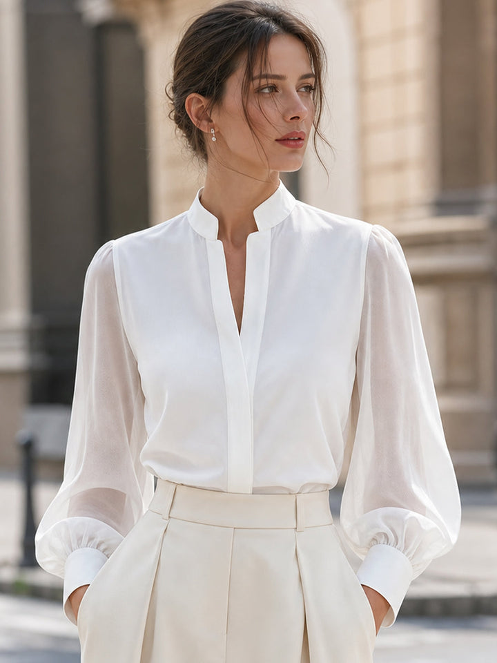 Stand Collar Split V Neck Sheer Lantern Long Sleeve  Blouse