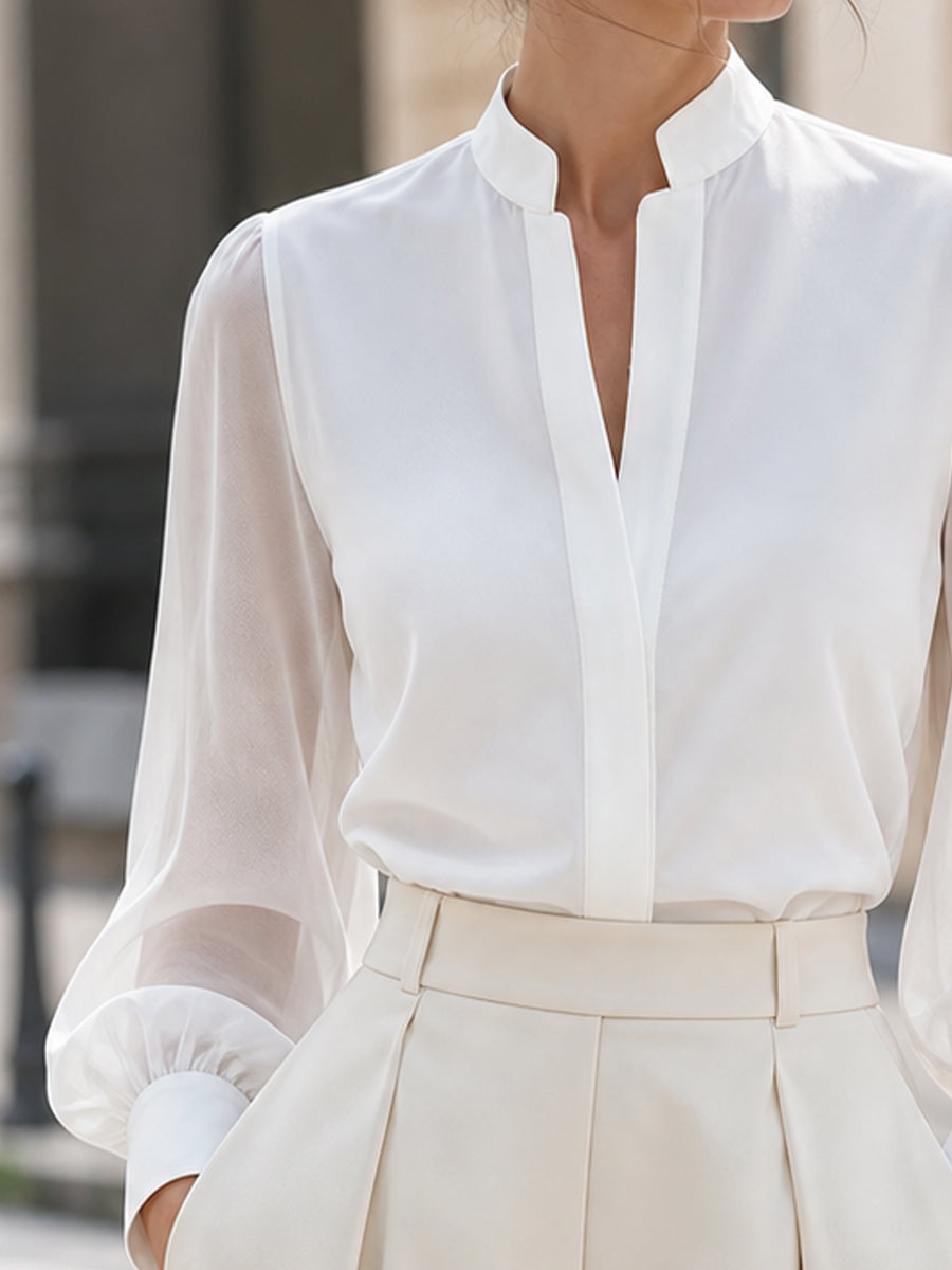 Stand Collar Split V Neck Sheer Lantern Long Sleeve  Blouse