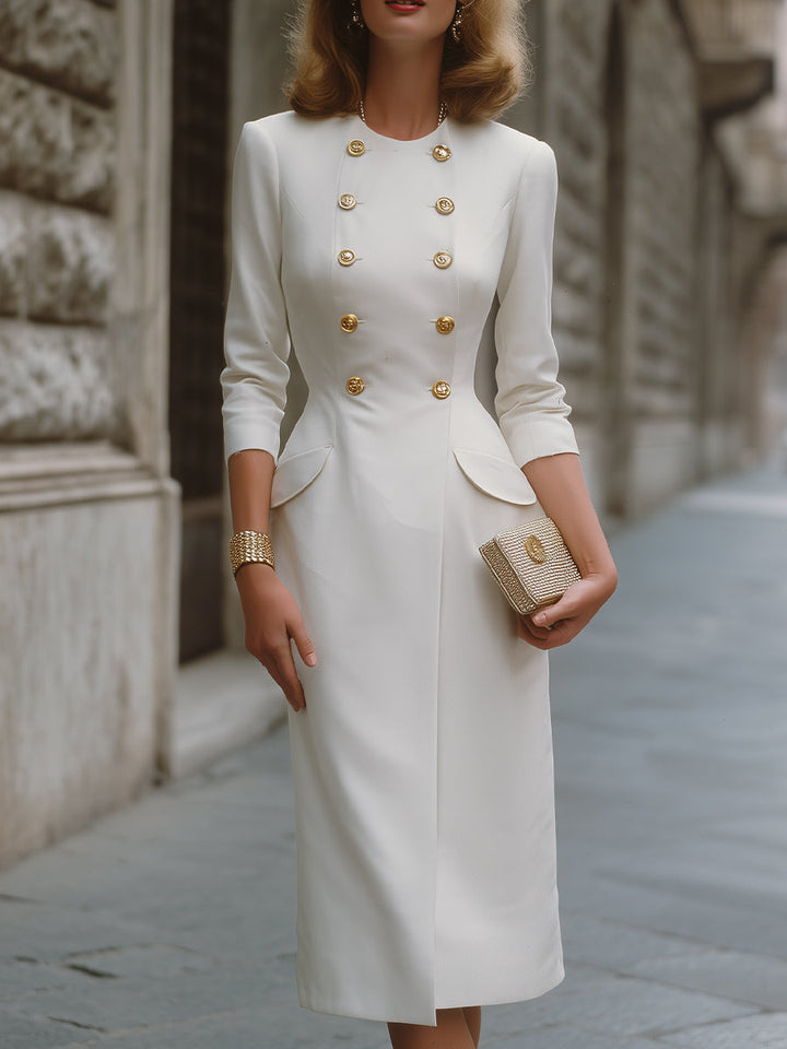 Elegant Ivory Double-Breasted Gold-Button Tailored Midi Dress
