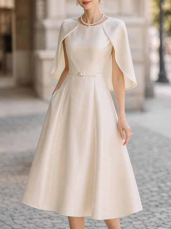 Elegant Satin Cape-Sleeve A-Line Midi Dress