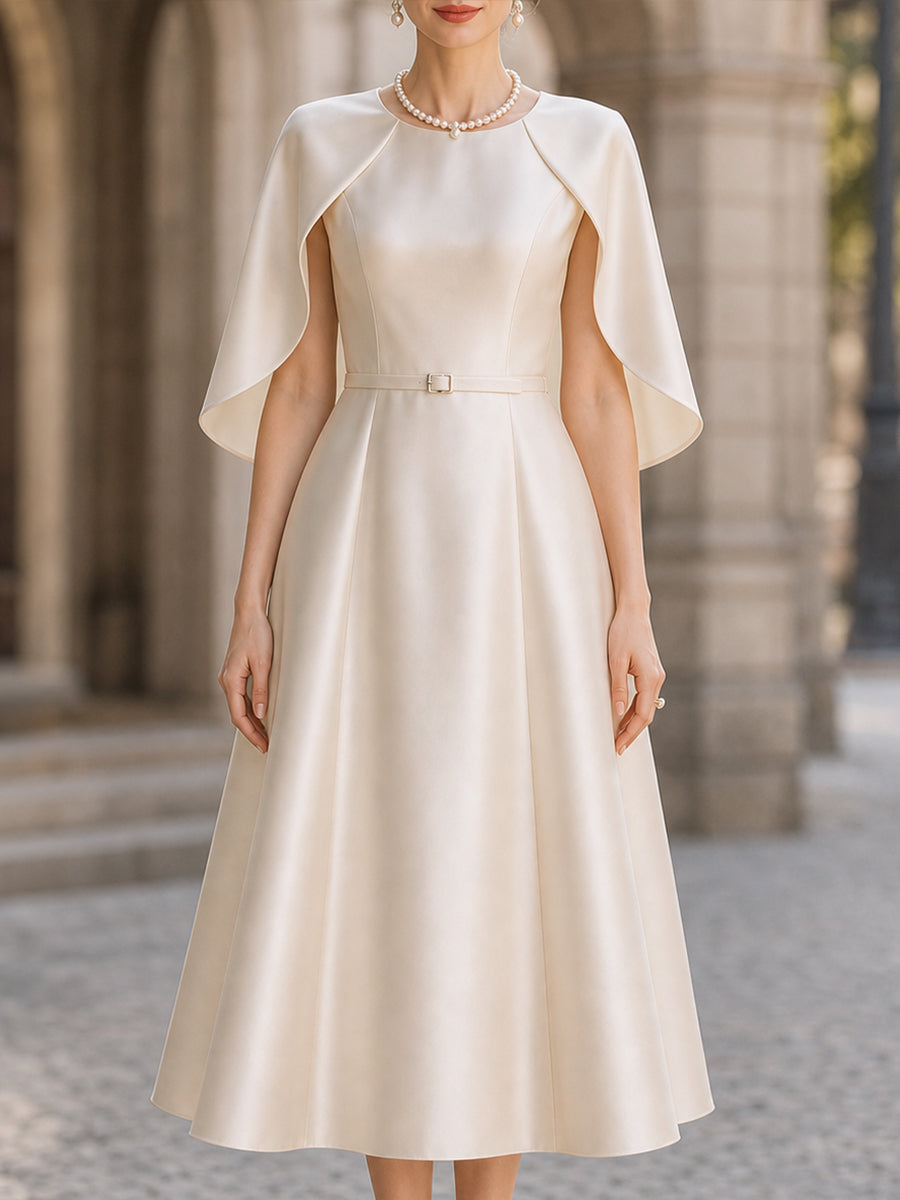 Elegant Satin Cape-Sleeve A-Line Midi Dress