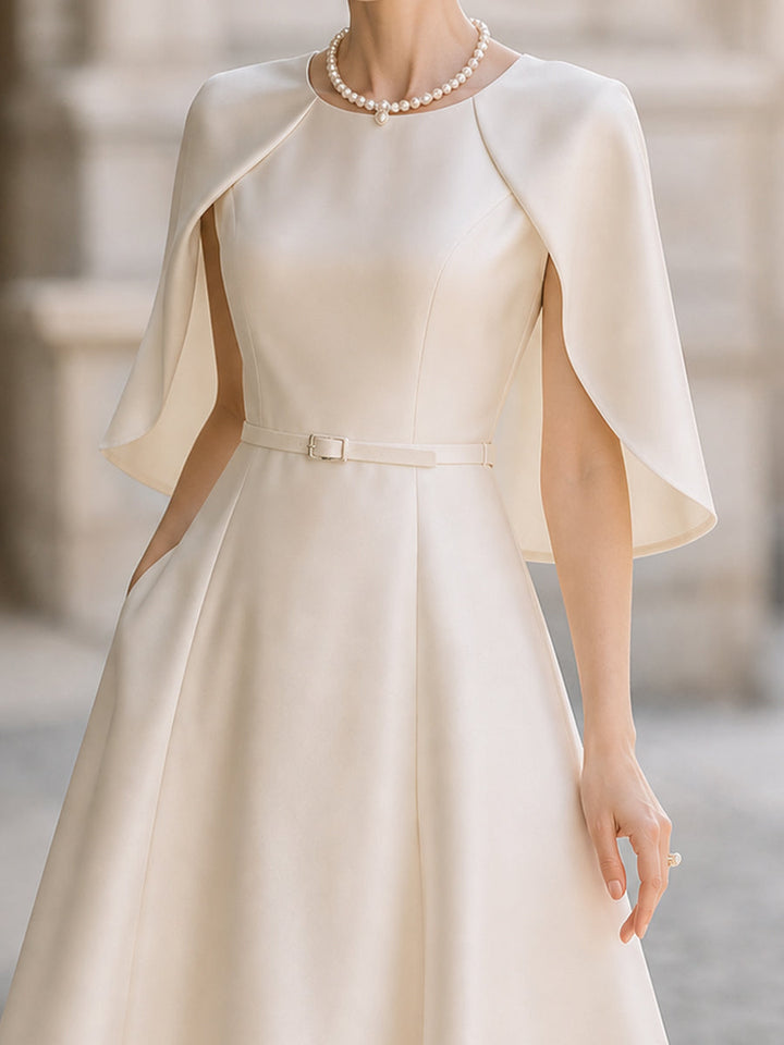 Elegant Satin Cape-Sleeve A-Line Midi Dress