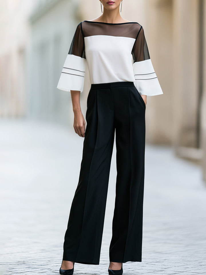 Contrast Mesh Sleeve Blouse And Wide Leg Pants Set