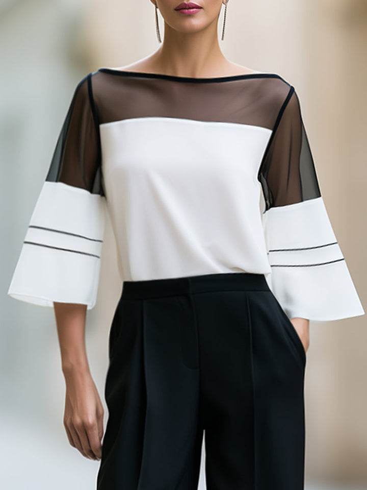 Contrast Mesh Sleeve Blouse And Wide Leg Pants Set