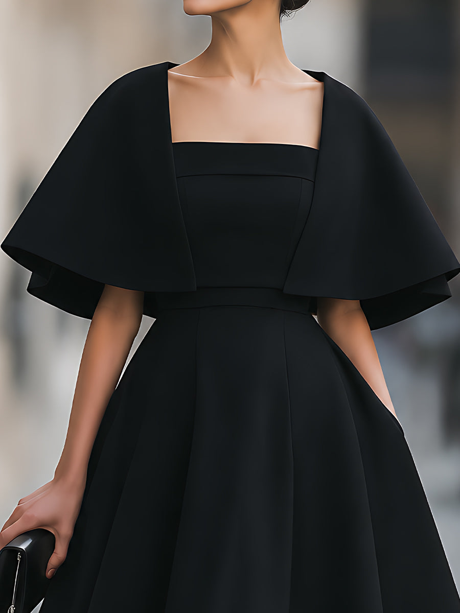 Cape-Overlay Square-Neck A-Line Midi Dress