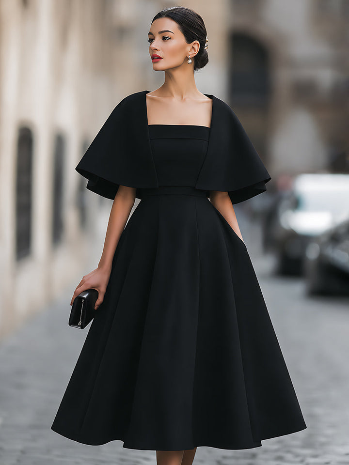 Cape-Overlay Square-Neck A-Line Midi Dress