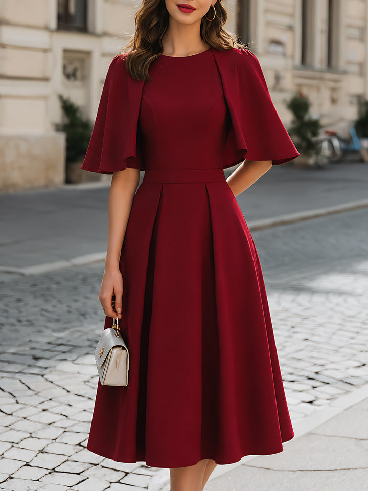 Cape-Sleeve Pleated A-Line Midi Dress