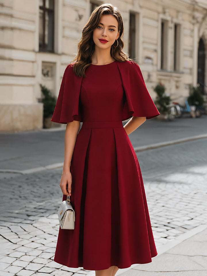 Cape-Sleeve Pleated A-Line Midi Dress