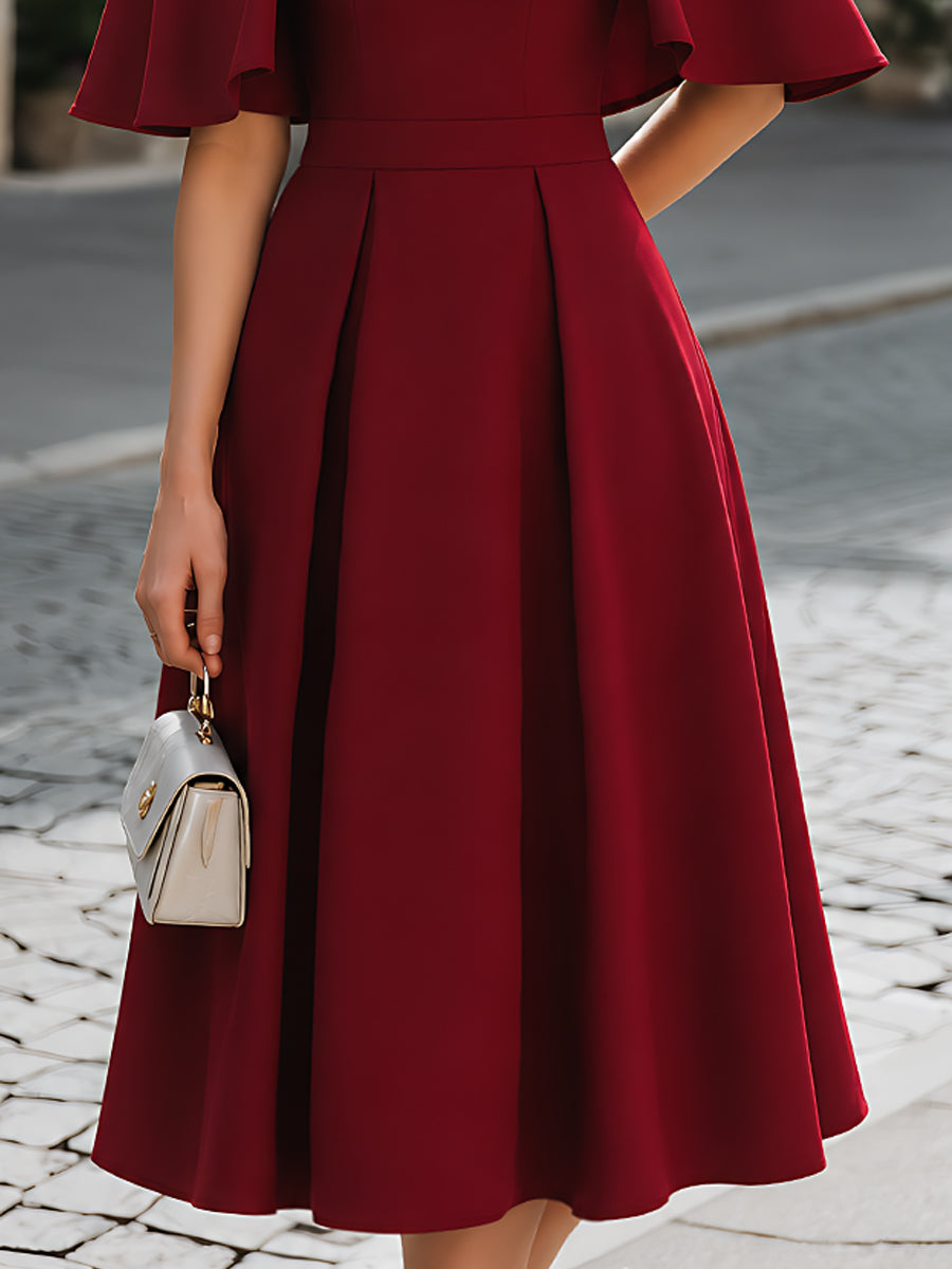 Cape-Sleeve Pleated A-Line Midi Dress