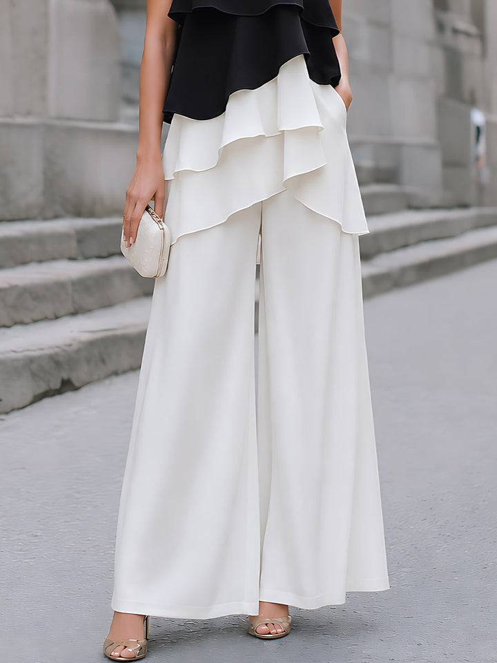 Layered Color-Block Chiffon Top and Wide-Leg Trousers Set