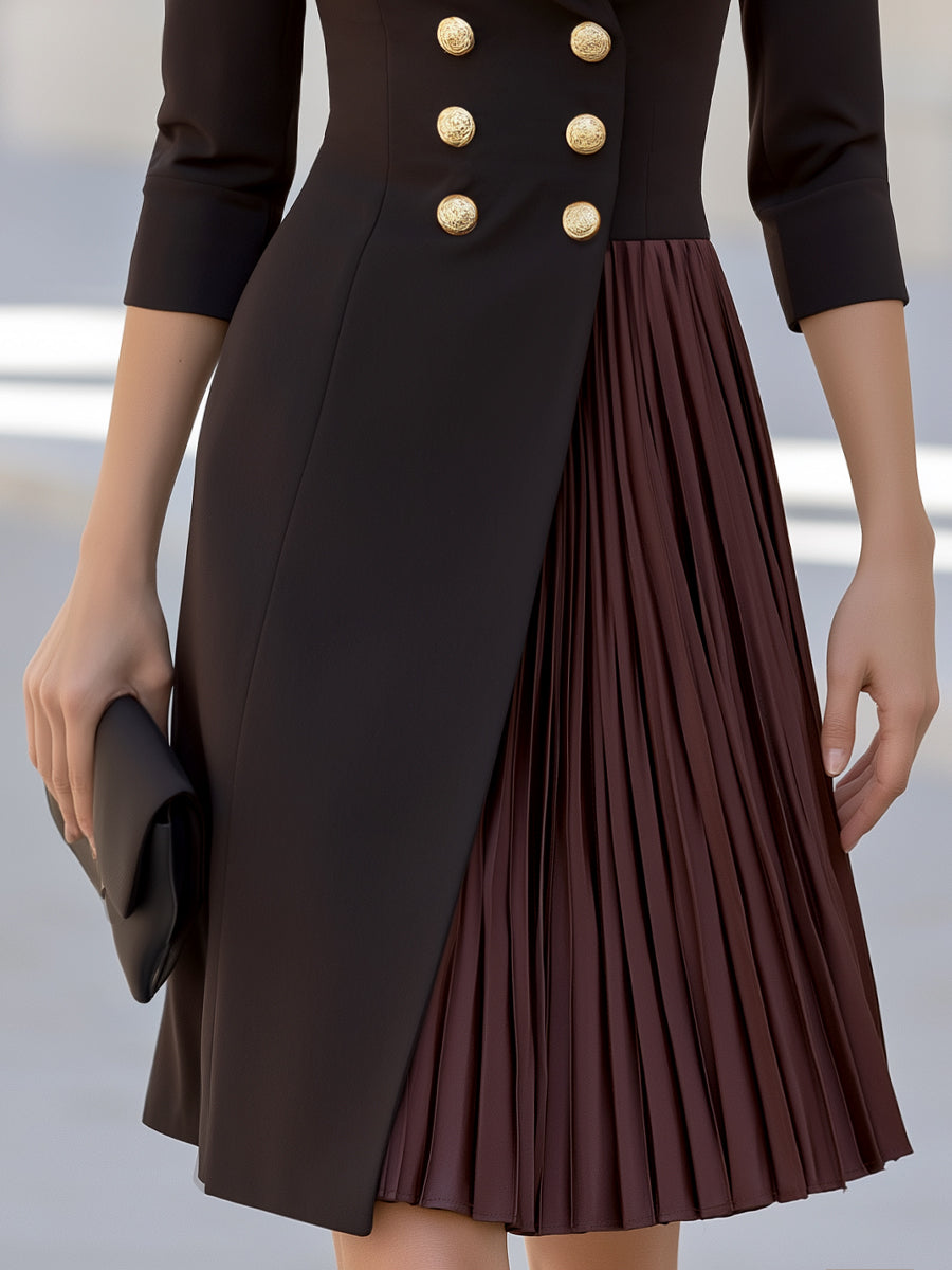 Double-Breasted Pleated Panel Blazer Midi Dress