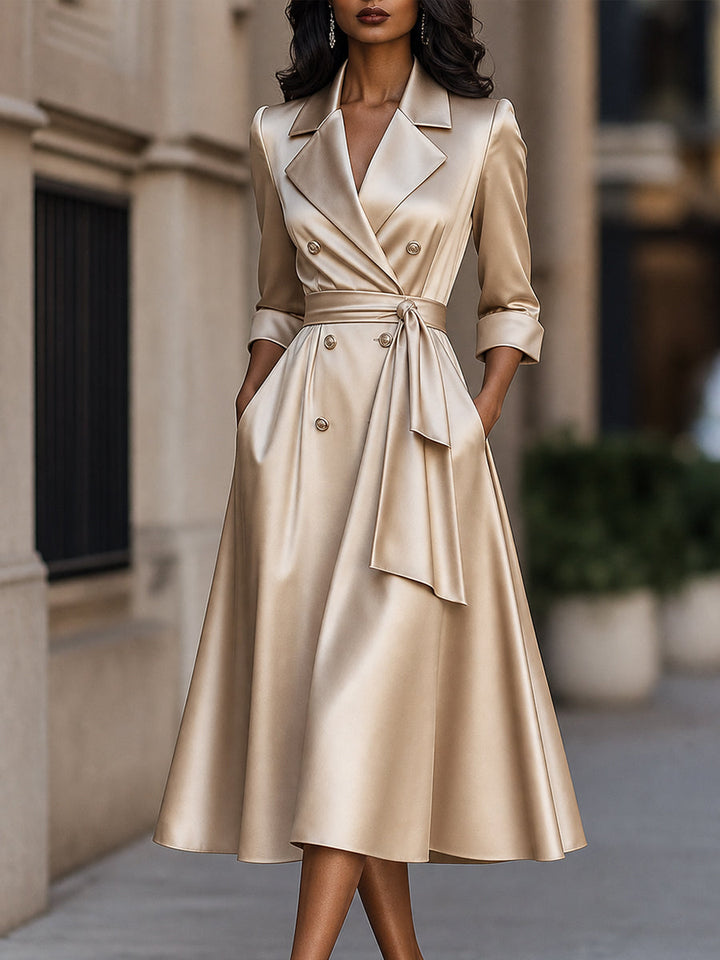 Satin Double-Breasted Tie-Waist Midi Dress