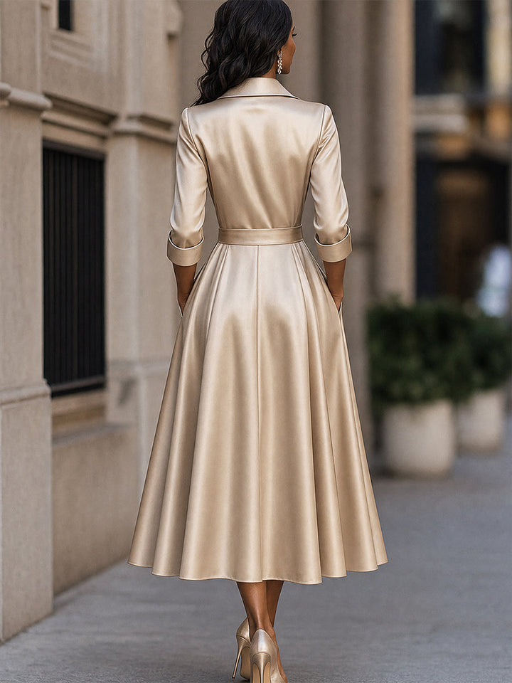 Satin Double-Breasted Tie-Waist Midi Dress