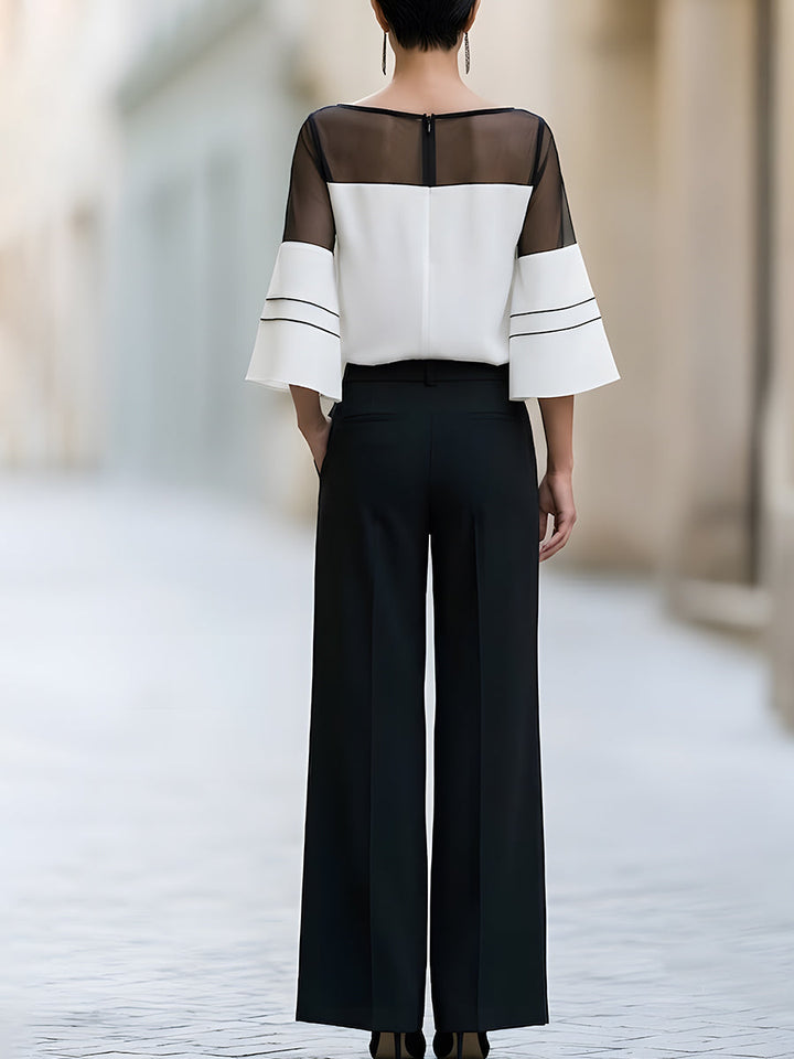 Contrast Mesh Sleeve Blouse And Wide Leg Pants Set