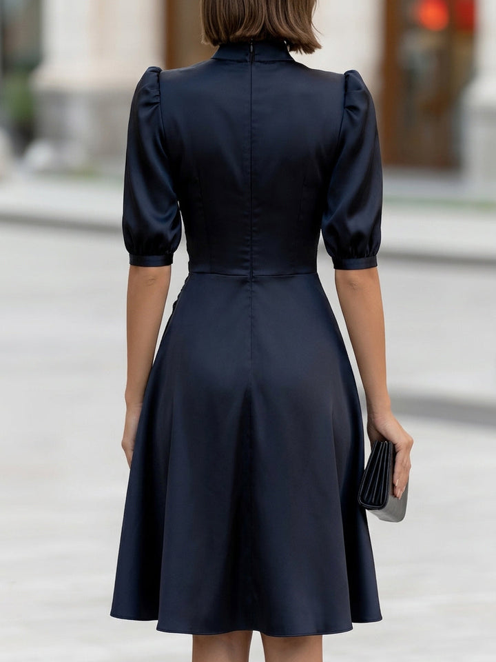 Puff Sleeves Satin Ruched Waist Midi Dress