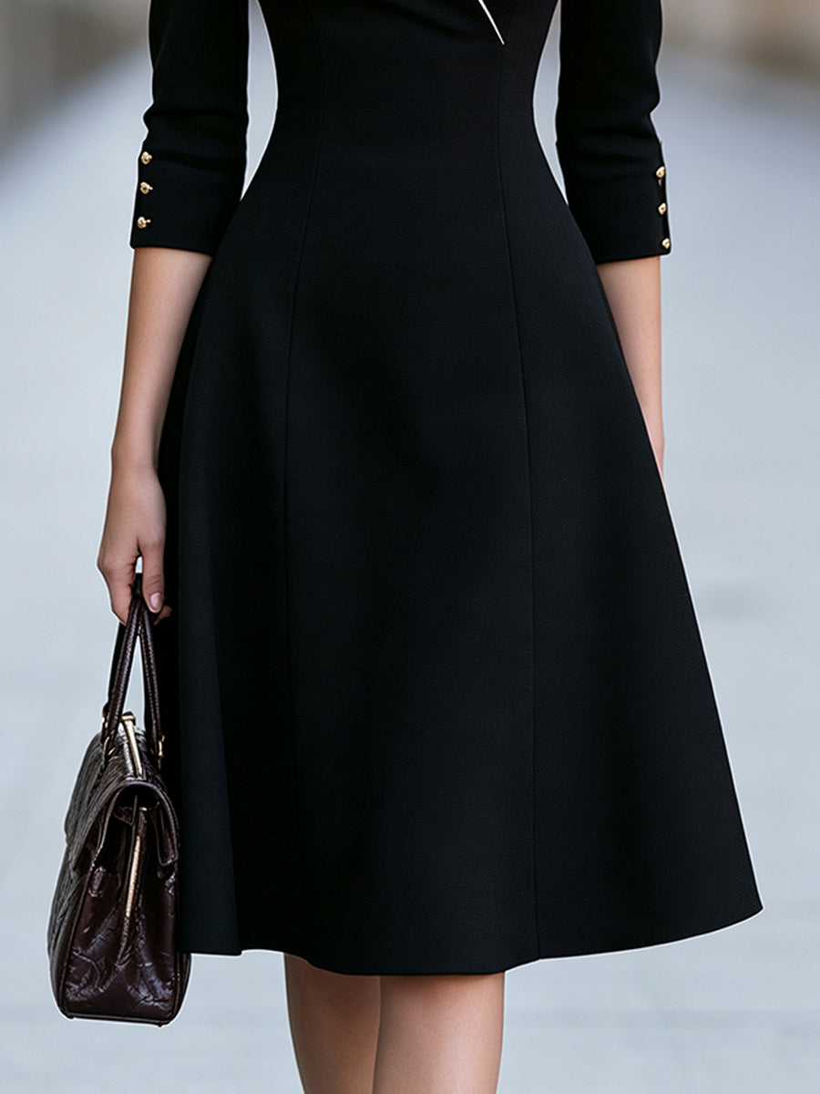 Contrast Collar A-Line Midi Dress