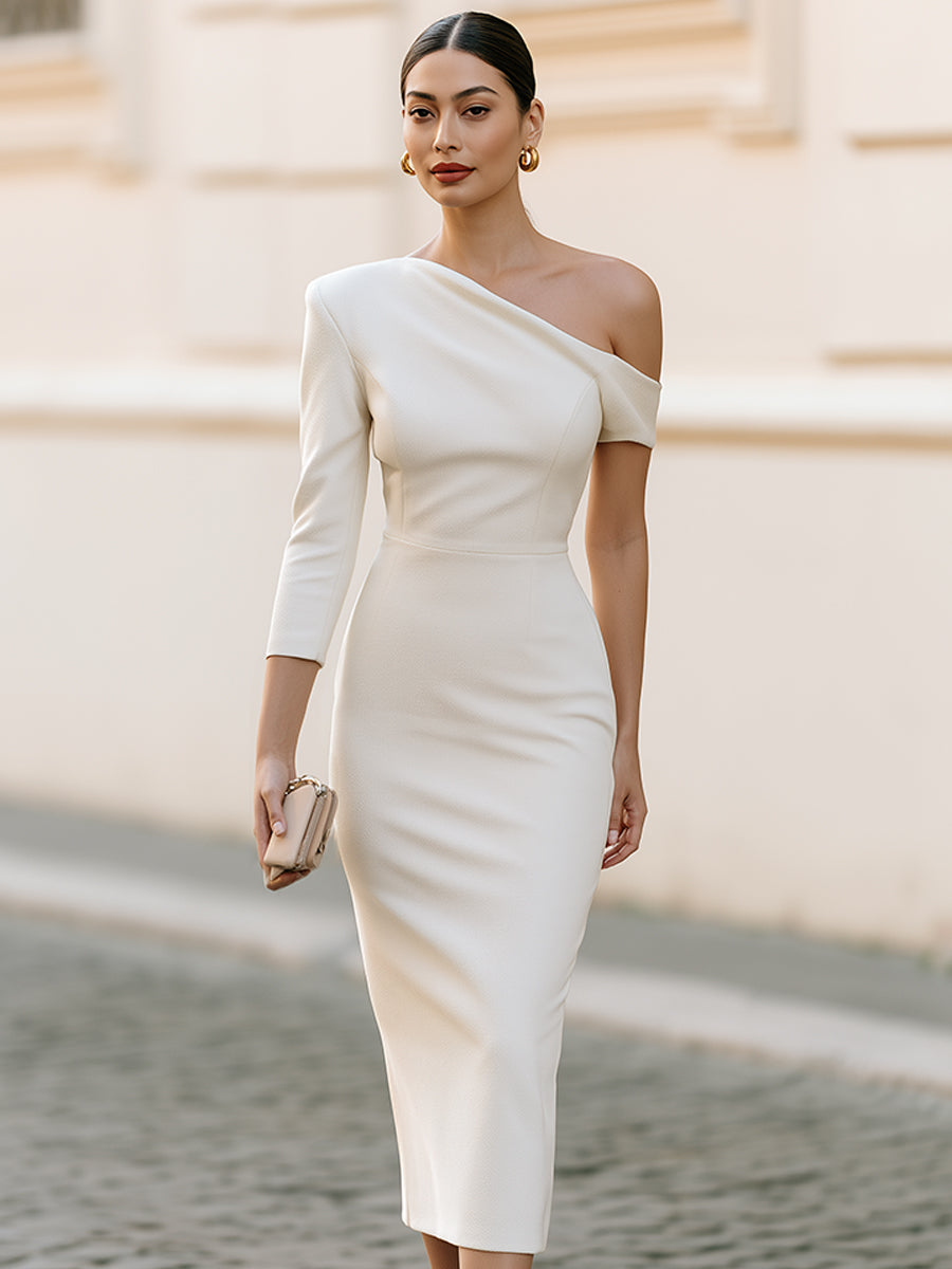 Ivory Asymmetric One-Shoulder Pencil Midi Dress