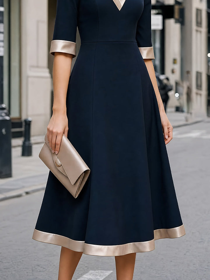Satin-Trim V-Neck A-Line Midi Dress